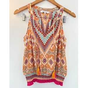 Rose & Olive Boho V Neck Tribal Pattern Tank with Tassels Size Small Y2K Bright